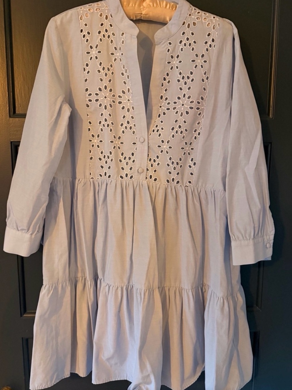 Zara Light Blue Eyelet Tiered Long Sleeve Dress
